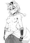  abs animal_ears bangs breasts closed_mouth collarbone cowboy_shot expressionless eyebrows_visible_through_hair gauntlets hair_between_eyes hat inubashiri_momiji medium_breasts nathaniel_pennel navel nipples pom_pom_(clothes) short_hair simple_background solo stomach tail tokin_hat toned topless touhou white_background wolf_ears wolf_tail 