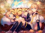  1girl :d ahoge arm_support black_legwear black_shorts blonde_hair blue_eyes collarbone couch detached_sleeves eating eyebrows_visible_through_hair food hair_between_eyes hair_ribbon holding holding_spoon indoors kagamine_len kagamine_rin leclle looking_at_viewer lying neckerchief necktie on_back open_mouth red_ribbon ribbon school_uniform serafuku shirt short_hair short_ponytail shorts siblings sitting sleeveless sleeveless_shirt smile spoon star twins vocaloid white_ribbon white_shirt yellow_neckwear 