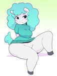  2016 anthro blue_hair bluebell blush bottomless breasts butt caprine clothed clothing digital_media_(artwork) featureless_crotch female hair hi_res itsunknownanon mammal partially_clothed sheep sitting smile solo sweater thick_thighs wide_hips 