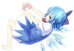  bangs barefoot blue_bow blue_eyes blue_hair bow cirno dress eyebrows_visible_through_hair frilled_sleeves frills full_body hair_bow ice ice_wings interlocked_fingers nathaniel_pennel profile short_hair short_sleeves simple_background solo touhou white_background wings 