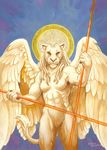  2017 angel anthro breasts dreadlocks feathered_wings feathers feline female fur hair holding_object holding_weapon lion looking_at_viewer mammal nimbus nude realistic scale_(artist) shaded simple_background solo spread_wings standing tail_tuft traditional_media_(artwork) tuft weapon whiskers white_feathers white_fur white_wings wings yellow_sclera 