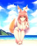  absurdres animal_ears bikini blue_bikini blush breasts cleavage commentary_request covered_nipples day fate/extra fate/grand_order fate_(series) fox_ears fox_tail hibi_(grangcat) highres large_breasts long_hair looking_at_viewer navel ocean outdoors pink_hair solo swimsuit tail tamamo_(fate)_(all) tamamo_no_mae_(fate) tamamo_no_mae_(swimsuit_lancer)_(fate) yellow_eyes 
