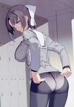  absurdres ass black_hair black_legwear bow breasts cowboy_shot crotch_seam error grey grey_eyes hair_bow highres indoors large_breasts leaning_forward locker locker_room long_sleeves looking_at_viewer mibu_natsuki no_pants original panties panties_under_pantyhose pantyhose senran_kagura short_hair_with_long_locks sidelocks solo standing underwear white_bow yumi_(senran_kagura) 