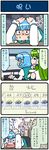  4koma artist_self-insert blue_eyes blue_hair closed_eyes comic commentary commentary_request constricted_pupils detached_sleeves door frog_hair_ornament gloom_(expression) gradient gradient_background green_hair hair_ornament hair_tubes hands_on_own_head heterochromia highres keyboard_(computer) kochiya_sanae long_sleeves mizuki_hitoshi monitor multiple_girls open_mouth red_eyes snake_hair_ornament sweat sweating_profusely tatara_kogasa tears temperature touhou translated turn_pale weather 