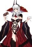  anoshabu ass_visible_through_thighs black_legwear black_nails breasts carmilla_(fate/grand_order) cleavage closed_mouth commentary_request cowboy_shot detached_sleeves domino_mask fate/grand_order fate_(series) fingernails high_collar holding holding_mask horns large_breasts long_fingernails long_hair long_sleeves looking_at_viewer mask mask_removed nail_polish navel red_skirt silver_hair skirt smile solo supportasse thighhighs wide_sleeves yellow_eyes 
