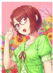  :o adjusting_eyewear bangs border branch cherry_blossoms collarbone commentary eyebrows_visible_through_hair fingernails floral_background flower glasses green_shirt hand_up highres komase_(jkp423) looking_at_viewer open_mouth original pink_background purple_flower red-framed_eyewear red_eyes red_flower red_ribbon ribbon round_teeth shiny shiny_hair shirt short_hair short_sleeves sideways_glance solo sunflower swept_bangs teeth upper_body white_border yellow_flower 