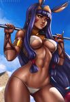  abs animal_ears armlet bangs blunt_bangs blush bracelet breasts cameltoe cowboy_shot dandon_fuga dark_skin earrings egyptian egyptian_clothes facial_mark fate/grand_order fate_(series) hair_tubes hairband holding holding_weapon hoop_earrings jackal_ears jewelry large_breasts lips long_hair looking_to_the_side muscle navel nitocris_(fate/grand_order) pinky_out purple_eyes purple_hair shiny shiny_skin sidelocks solo standing underboob very_long_hair weapon 