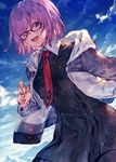  :d bad_id bad_twitter_id benitama black-framed_eyewear black_dress blue_sky blush day dress fate/grand_order fate_(series) glasses hair_over_one_eye hood hood_down hooded_jacket jacket long_sleeves looking_at_viewer mash_kyrielight necktie open_clothes open_jacket open_mouth outdoors pink_hair purple_eyes red_neckwear round_teeth short_hair sky smile solo tareme teeth upper_body white_jacket 