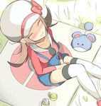  1girl animal_ears between_legs black_eyes blue_shorts blush bow brown_hair collarbone cup drink embarrassed eyes_closed from_above grass hand_between_legs hat have_to_pee knees_together_feet_apart kotone_(pokemon) marill mat muroi_(fujisan0410) outdoors overalls picnic pokemon pokemon_(creature) red_bow shoes short_hair short_twintails sitting steam suspenders sweat tail tea teacup tears text thermos thigh_strap thighhighs translation_request trembling twintails white_hat white_legwear zettai_ryouiki 