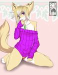  2017 5_fingers ankh anthro black_nose blonde_hair canine clothed clothing fennec fluffy fluffy_tail fox girly hair male mammal mistletoe plant purple_eyes purple_shirt solo striped_underwear stripes sweater underwear unknown_artist 