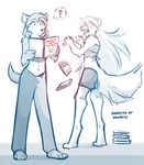  2017 ? anthro bloodline blush book canine clothed clothing digitigrade dropping duo embarrassed ember_(bloodline) english_text female humor keidran mammal midriff monochrome open_mouth plantigrade raine_(twokinds) reading shocked simple_background sketch skimpy surprise text tom_fischbach twokinds webcomic white_background wolf 