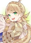  blonde_hair fire_emblem fire_emblem_heroes green_eyes holding holding_weapon kiyuu long_hair looking_at_viewer sharena smile solo weapon 