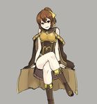  asutarou bare_shoulders boots breastplate brown_eyes brown_hair cape crossed_legs dyute_(fire_emblem) fang fire_emblem fire_emblem_echoes:_mou_hitori_no_eiyuuou grey_background long_hair open_mouth simple_background sitting solo 