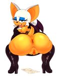  2017 anthro anus bat bat_wings big_butt black_nose breasts butt clothing eyelashes eyeshadow female footwear high_heels legwear looking_at_viewer looking_back makeup mammal matospectoru membranous_wings open_mouth pussy rear_view rouge_the_bat shoes simple_background solo sonic_(series) tongue tongue_out white_background wings 