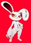  2spot_studio bloody_bunny breasts featureless_breasts featureless_crotch female frown fur hand_on_hip lagomorph mammal nude orange_eyes rabbit red_background red_eyes scar simple_background solo sssonic2 two_tone_eyes white_fur wide_hips 