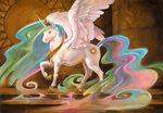  2015 crown cutie_mark detailed_background equine feathered_wings feathers female feral feralized friendship_is_magic fur hair horn looking_back mammal mane multicolored_hair my_little_pony nipples nude princess_celestia_(mlp) realistic scale_(artist) shaded smile solo standing teats traditional_media_(artwork) white_feathers white_fur winged_unicorn wings 