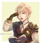  artist_name book fire_emblem fire_emblem_echoes:_mou_hitori_no_eiyuuou gloves kliff_(fire_emblem) male_focus one_eye_closed open_mouth orange_eyes patreon_logo patreon_username reddverse solo teeth upper_body white_hair yawning 