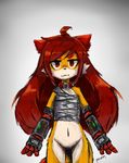  2016 ahoge anthro bangs bottomless canine cheek_tuft chest_wraps clothed clothing collar cybernetics cyborg diana_(devil-vox) english_text featureless_crotch fox gradient_background hair long_hair looking_at_viewer machine mammal navel panzery25 signature simple_background standing text tuft wavy_mouth wraps 