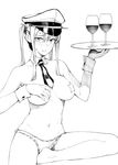  :d alcohol bare_legs barefoot blush breasts breasts_apart collarbone covered_nipples covering covering_one_breast cup detached_collar drink drinking_glass frilled_panties frills graf_zeppelin_(kantai_collection) greyscale hair_between_eyes hat highres holding holding_tray iron_cross kantai_collection lineart long_hair looking_at_viewer medium_breasts monochrome navel necktie nervous_smile nose_blush open_mouth panties pasties peaked_cap raised_eyebrows sidelocks simple_background sitting smile solo star_pasties stomach sweat touyama_eight tray twintails underwear white_background wine wine_glass wrist_cuffs 