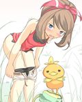  ! 10s 1girl ass bag belt bent_over bike_shorts black_eyes blue_eyes blush brown_hair fanny_pack grass hair_ribbon haruka_(pokemon) haruka_(pokemon)_(remake) have_to_pee leaning_forward looking_at_viewer muroi_(fujisan0410) open_mouth peeing peeing_self pokemon pokemon_(creature) pokemon_(game) pokemon_oras pulled_by_self ribbon shirt short_shorts shorts shorts_pull sidelocks simple_background sleeveless sleeveless_shirt surprised sweat tears torchic trembling two_side_up undressing wet_clothes white_background 