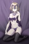  bikini black_legwear blonde_hair blush breasts cleavage fate/grand_order fate_(series) helmet highres hiko_(630090143) jeanne_d'arc_(alter)_(fate) jeanne_d'arc_(fate)_(all) jewelry kneeling looking_at_viewer medium_breasts navel necklace pale_skin short_hair smile solo swimsuit thighhighs yellow_eyes 