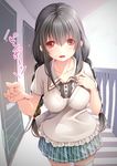  absurdres bag black_hair braid breasts commentary_request creek_(moon-sky) highres long_hair looking_at_viewer medium_breasts open_mouth original pointing red_eyes smile solo thighhighs twin_braids white_legwear 