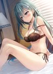  aqua_eyes aqua_hair black_bra black_panties blinds blush bra breasts cleavage closed_mouth commentary_request exe_(xe) frilled_panties frills glint hair_between_eyes hair_ornament hairclip indoors kantai_collection lace lace-trimmed_bra large_breasts long_hair looking_away navel on_bed panties side-tie_panties sitting solo strap_slip suzuya_(kantai_collection) sweatdrop underwear underwear_only very_long_hair 
