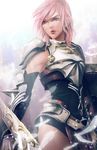  armor cowboy_shot elbow_spikes feathers final_fantasy final_fantasy_xiii gauntlets grey_eyes highres lightning_farron looking_at_viewer pink_hair shoulder_armor signature solo standing tooaya white_feathers 