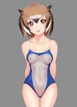  absurdres arms_behind_back bare_arms bare_shoulders blush breasts brown_hair collarbone cowboy_shot eurasian_eagle_owl_(kemono_friends) fishnet_swimsuit grey_background highres hips kemono_friends looking_at_viewer meme_attire multicolored_hair navel nipples one-piece_swimsuit open_mouth pussy pussy_peek short_hair simple_background small_breasts solo standing stomach swimsuit thigh_gap white_hair yellow_eyes zhao_shixuan 