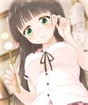  bangs black_ribbon blouse blunt_bangs blush breasts brown_hair buttons ceiling closed_mouth commentary dutch_angle eyebrows_visible_through_hair flower from_below gochuumon_wa_usagi_desu_ka? green_eyes hair_flower hair_ornament hair_ribbon hand_on_ear heart holding hoto_cocoa's_school_uniform indoors large_breasts long_hair looking_at_viewer mimikaki pink_ribbon plaid plaid_skirt red_skirt ribbon school_uniform short_sleeves skirt smile solo tippy_(gochiusa) translated ug_(nekonekodou) ujimatsu_chiya upper_body white_blouse wooden_beam 