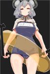  alternate_breast_size animal_ears black_background breasts cameltoe capelet dowsing_rod extra_ears from_below frown grey_hair inflatable_toy innertube jewelry large_breasts looking_at_viewer mouse_ears mouse_tail nazrin one-piece_swimsuit pendant red_eyes school_swimsuit short_hair solo swimsuit tail torso_(hjk098) touhou 