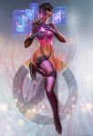  breasts dark_skin dissolving_clothes highres holographic_interface looking_at_viewer lying medium_breasts multicolored_hair navel on_back overwatch parted_lips smile solo sombra_(overwatch) stomach thighhighs thong two-tone_hair undercut yang_fan 