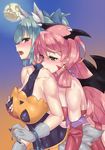  akashi_(kantai_collection) bangs bare_shoulders biting blood blush breast_grab breast_press breasts brown_eyes commentary_request covered_nipples demon_wings earrings eyebrows_visible_through_hair grabbing grabbing_from_behind green_eyes halloween head_wings highres jewelry kantai_collection large_breasts long_hair mizuumi_(bb) moon multiple_girls neck_biting open_mouth ponytail revision very_long_hair wings yuri yuubari_(kantai_collection) 