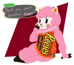  alpaca animal_crossing anthro blush camelid english_text female fur hooves humor looking_at_viewer mammal nintendo pink_fur pun reese_(animal_crossing) reeses simple_background smile smirk solo suggestive text thebonezonedeluxe video_games 