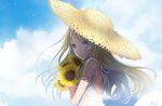  bad_id bad_pixiv_id bangs blonde_hair blue_sky cloud cloudy_sky day dress flower from_side hat holding holding_flower long_hair looking_at_viewer looking_back original parted_lips purple_eyes sakurai_unan sky solo straw_hat summer sundress sunflower upper_body white_dress 
