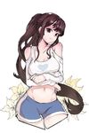  absurdres agkkyag ass_visible_through_thighs bangs bare_shoulders blue_shorts boyshorts breast_hold breasts brown_eyes brown_hair closed_mouth collarbone crop_top flower groin heart heart_print highres lily_(flower) long_hair long_sleeves looking_at_viewer medium_breasts navel original ponytail shirt short_shorts shorts shoulder_cutout sidelocks simple_background solo standing stomach very_long_hair white_background white_flower white_shirt 