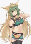  1girl absurdres ahoge animal_ears atalanta_(fate) bangs black_legwear blonde_hair breasts cat_ears cat_girl cat_tail choker fate/apocrypha fate/grand_order fate_(series) green_eyes green_hair highres long_hair looking_at_viewer medium_breasts miniskirt multicolored_hair navel simple_background skirt tail thighhighs two-tone_hair very_long_hair white_background 