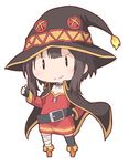  asymmetrical_legwear black_cape black_gloves black_hair black_handwear black_legwear black_outerwear cape chibi eyepatch female fingerless_gloves full_body gloves hat kono_subarashii_sekai_ni_shukufuku_wo! long_hair megumin red_eyes red_outfit smile solo staff thighhighs 