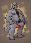 2017 4_toes anthro beard canine chest_tuft clothing facial_hair fur jockstrap male mammal open_mouth penis precum slightly_chubby solo toes tongue tuft underwear wolf zangusuu 