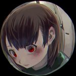  androgynous brown_hair chara_(undertale) fisheye highres red_eyes shirt short_hair shousan_(hno3syo) smile solo undertale 