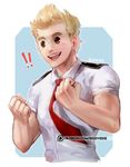  !! 1boy artist_name black_eyes blonde_hair blush boku_no_hero_academia male_focus necktie open_mouth patreon_logo patreon_username reddverse solo teeth togata_mirio upper_body 