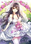  :d akagi_(kantai_collection) alternate_costume arch backlighting blush bouquet bow breasts bridal_veil brown_hair cleavage cowboy_shot detached_sleeves dress eyebrows eyebrows_visible_through_hair floral_arch flower frilled_dress frills garter_straps hair_between_eyes holding holding_bouquet kantai_collection light_particles long_hair looking_at_viewer medium_breasts open_mouth petals pink_flower pink_rose puffy_short_sleeves puffy_sleeves purple_flower purple_rose rose rose_petals see-through short_sleeves sidelocks smile solo standing strapless strapless_dress thighhighs veil very_long_hair wedding_dress white_bow white_dress white_legwear xingxiang_senlin zettai_ryouiki 