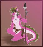  better_version_at_source clothed clothing diandre dragon eyewear feathers fur furred_dragon glasses gradient_background green_hair grey_feathers hair horn jewelry loincloth melee_weapon necklace pink_fur polearm red_eyes simple_background sootsprite spear tongue weapon white_countershading 