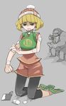  1girl arms_(game) axe bandages bangs beanie bike_shorts blonde_hair chillarism chinese_clothes food green_eyes hat highres leggings legwear_under_shorts mask master_mummy_(arms) min_min_(arms) monster_boy noodles short_hair shorts weapon 