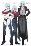  ass ass_visible_through_thighs backless_pants belt black_sclera blue_hair blush boots breasts bustier coat covered_nipples crossed_arms dark_persona ear_piercing facial_mark fingerless_gloves full_body genderswap genderswap_(mtf) gloves hair_between_eyes hand_on_hip harmonica height height_difference high_heel_boots high_heels highleg highleg_panties highres instrument kiryuu_kyousuke large_breasts long_hair looking_at_viewer multiple_girls multiple_persona nail_polish navel panties pants piercing purple_nails shirt short_hair short_shorts shorts smile smirk standing t-shirt tattoo thigh_boots thighhighs underwear vest white_background yanazuri_(kimossari337) yellow_eyes yuu-gi-ou yuu-gi-ou_5d's 