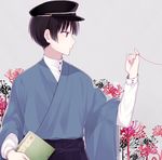  bangs beige_background black_hair black_hat blue_kimono book chisumi closed_mouth commentary_request eyebrows_visible_through_hair floral_background flower hakama hat holding holding_book japanese_clothes kimono male_focus original peaked_cap profile red_eyes shosei simple_background solo spider_lily upper_body wide_sleeves 
