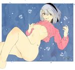  :d agkkyag ass barefoot black_hairband blush bottomless breasts brown_eyes buck_teeth clothes_lift fingernails groin hair_between_eyes hairband hand_up highres ice ice_cube long_fingernails long_sleeves medium_breasts mole mole_under_mouth naked_sweater navel nier_(series) nier_automata no_blindfold no_bra open_mouth pink_shirt pinky_out shirt short_hair silver_hair smile solo stomach sweater sweater_lift turtleneck turtleneck_sweater underboob upper_teeth water_drop yorha_no._2_type_b 