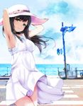  armpits arms_up bangs brown_eyes brown_hair commentary_request crosswalk day dress hat head_tilt highres idolmaster idolmaster_cinderella_girls long_hair looking_at_viewer looking_to_the_side mizumoto_yukari outdoors road ryuu. smile solo street sun_hat sundress thighs traffic_light water white_dress wind wind_lift 
