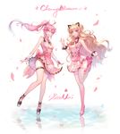  animal_ears blonde_hair blue_eyes blush bow cat_ears character_name cherry_blossoms eyebrows_visible_through_hair fake_animal_ears flower hair_flower hair_ornament high_heels long_hair looking_at_viewer multiple_girls open_mouth ozzingo pink_bow pink_hair pink_ribbon ponytail ribbon seeu smile thighhighs uni_(vocaloid) vocaloid waving white_legwear x_hair_ornament 