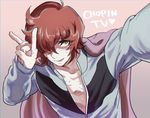  cape classicaloid english frederic_chopin_(classicaloid) hair_over_one_eye jacket looking_at_viewer male_focus open_clothes open_jacket orange_hair pink_background poiaya reaching_out ribs self_shot simple_background smile solo upper_body v yellow_eyes 